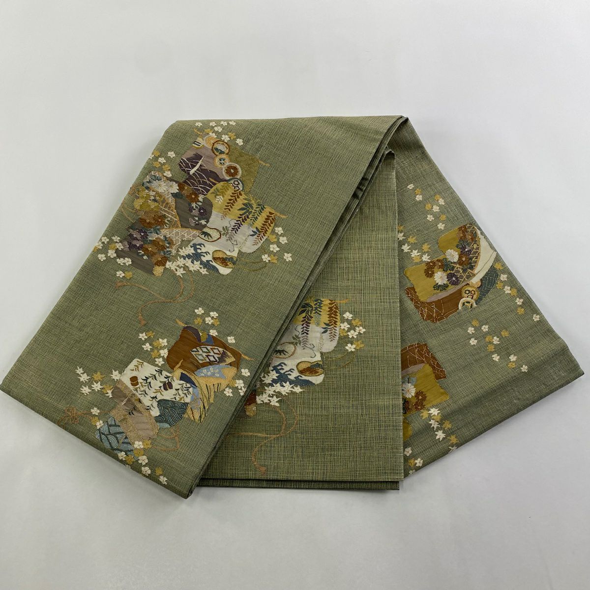 【美品】 袋帶 逸品級 綴織 鈴乃屋 和服 草花紋紋 金銀彩 灰綠色 大鼓圖案 純蠶絲