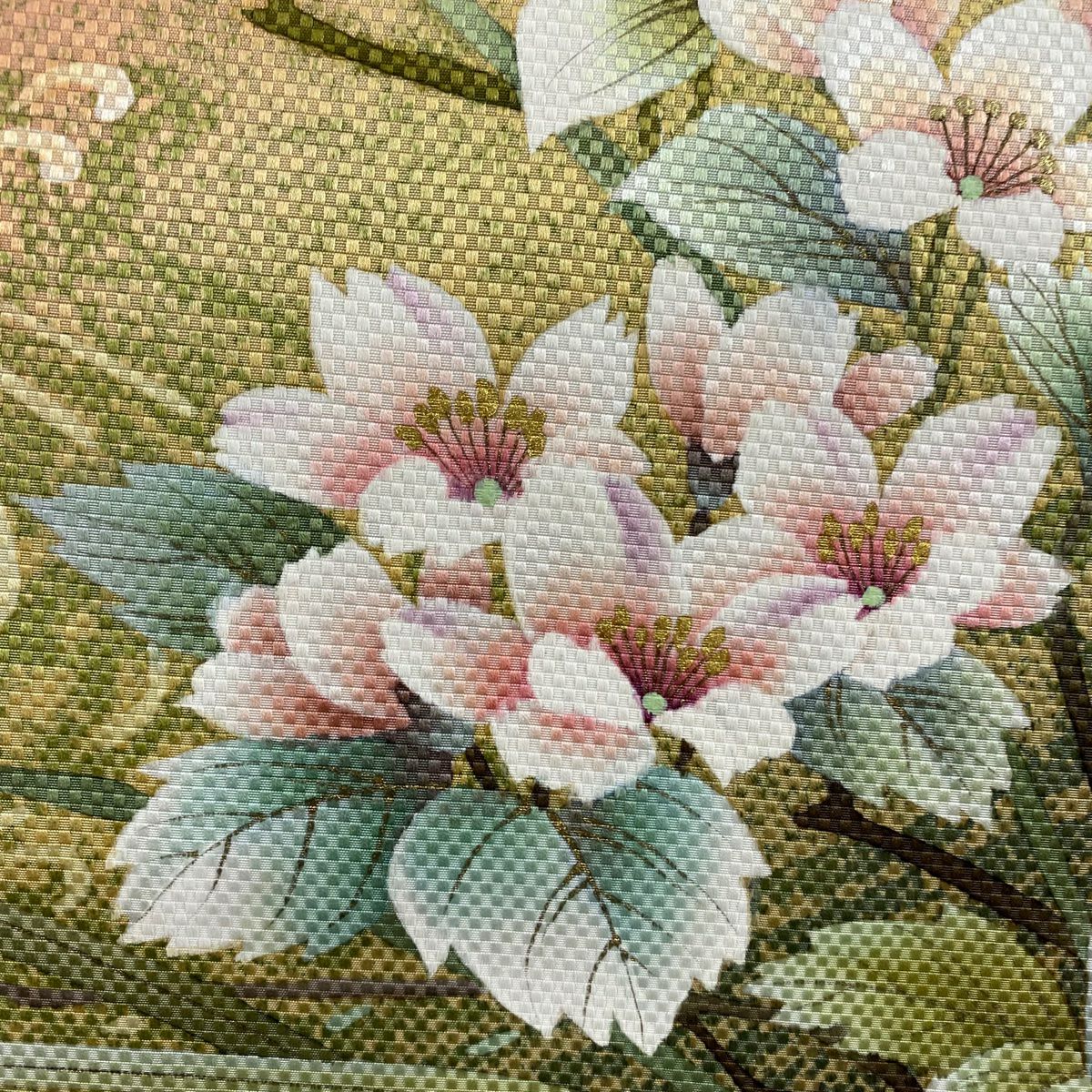 袋帶 優品級 草花紋紋 流水 金金箔 橙色 大鼓圖案 純蠶絲
