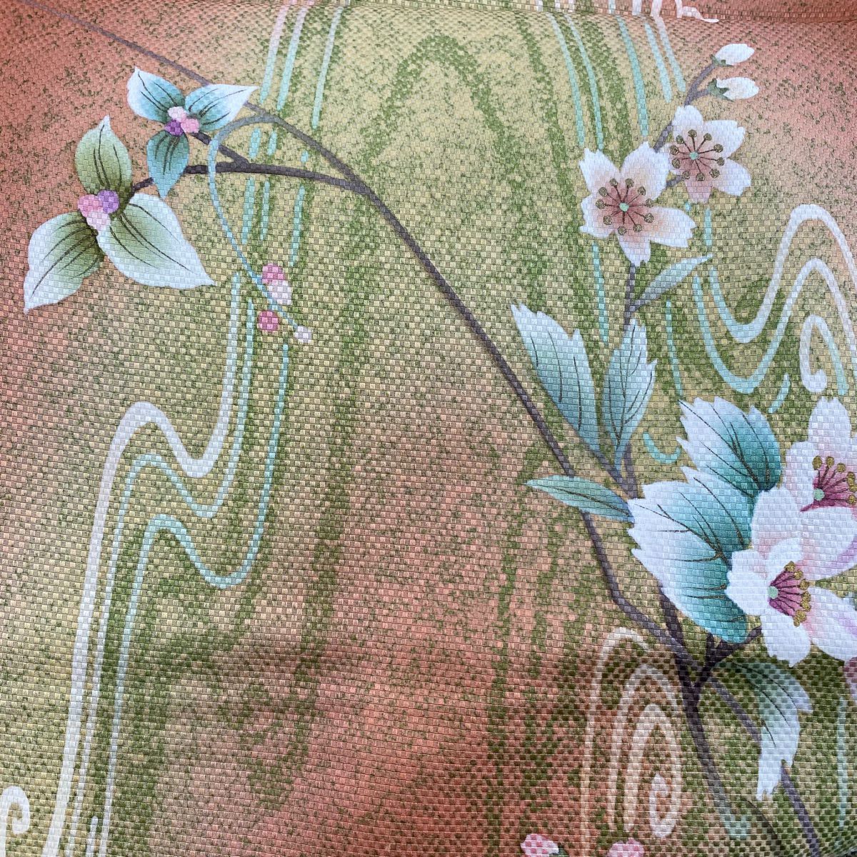 袋帶 優品級 草花紋紋 流水 金金箔 橙色 大鼓圖案 純蠶絲
