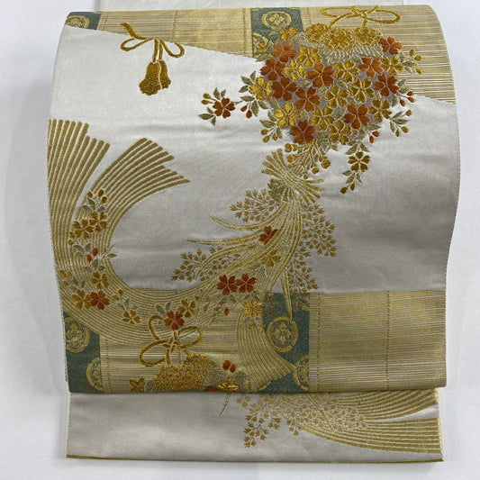 袋帶 秀品級 御簾花束紋 金絲 刺繡 灰白 お太鼓圖案 純蠶絲