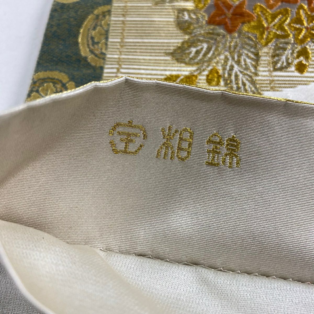 袋帶 秀品級 御簾花束紋 金絲 刺繡 灰白 お太鼓圖案 純蠶絲