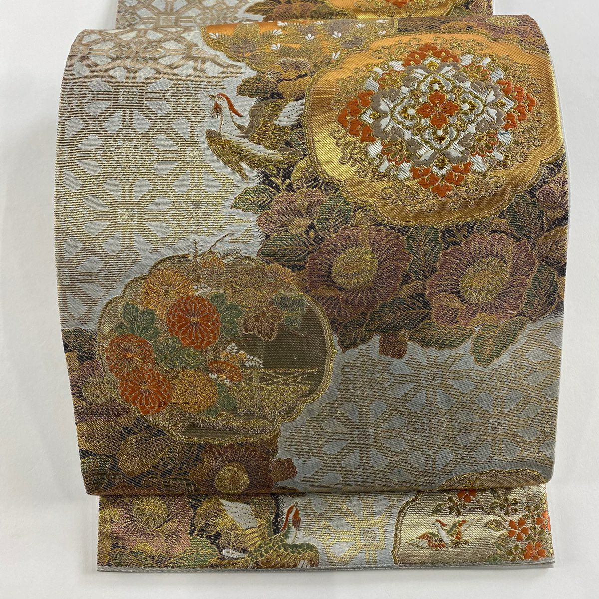 袋帶 秀品級 華紋 鳥 金銀絲 金金箔 銀 六通 純蠶絲