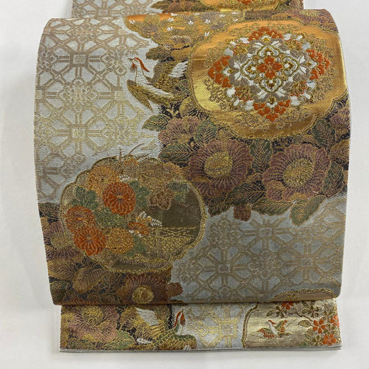 袋帶 秀品級 華紋 鳥 金銀絲 金金箔 銀 六通 純蠶絲