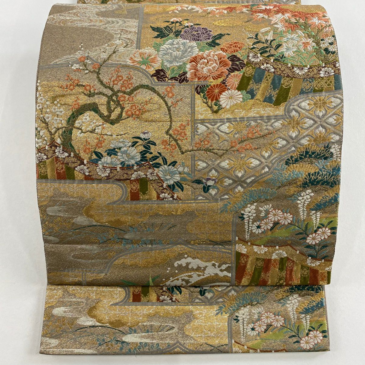 袋帶 秀品級 牡丹 紅葉 金絲 金金箔 灰茶 六通 純蠶絲
