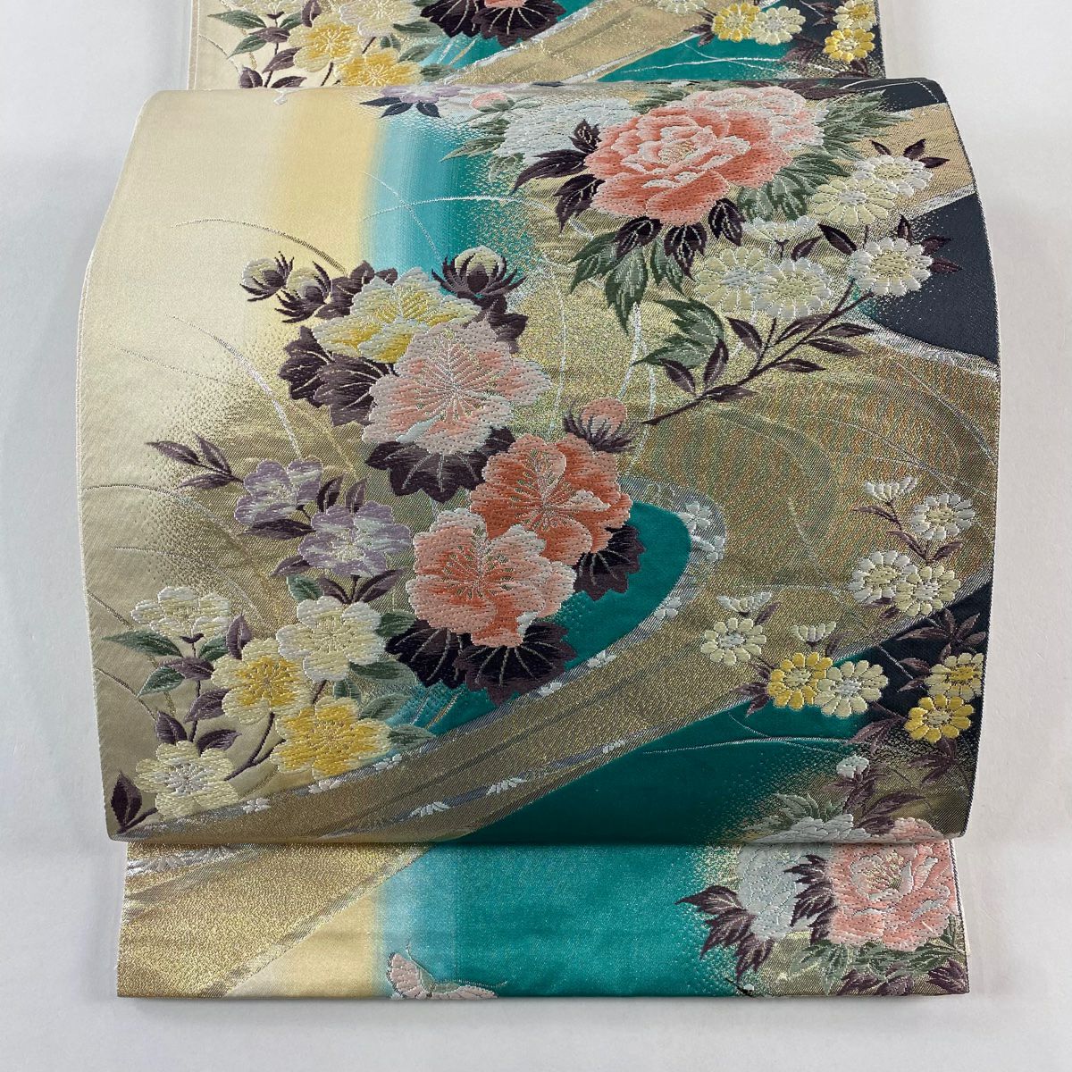 袋帶 秀品級 牡丹 流水 金金箔 唐織 綠 六通 純蠶絲