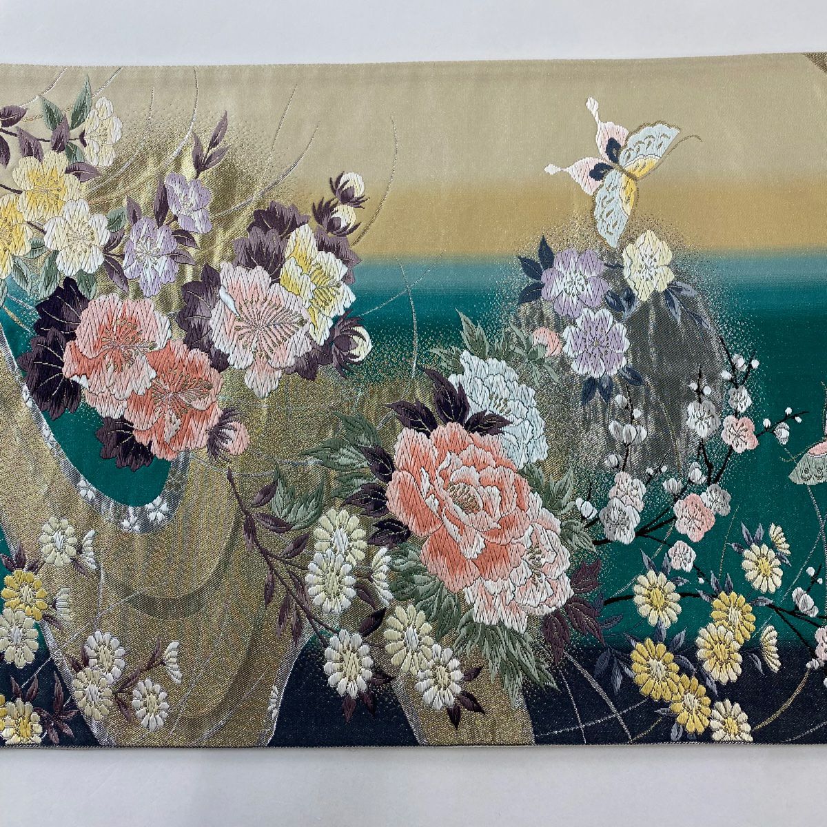 袋帶 秀品級 牡丹 流水 金金箔 唐織 綠 六通 純蠶絲