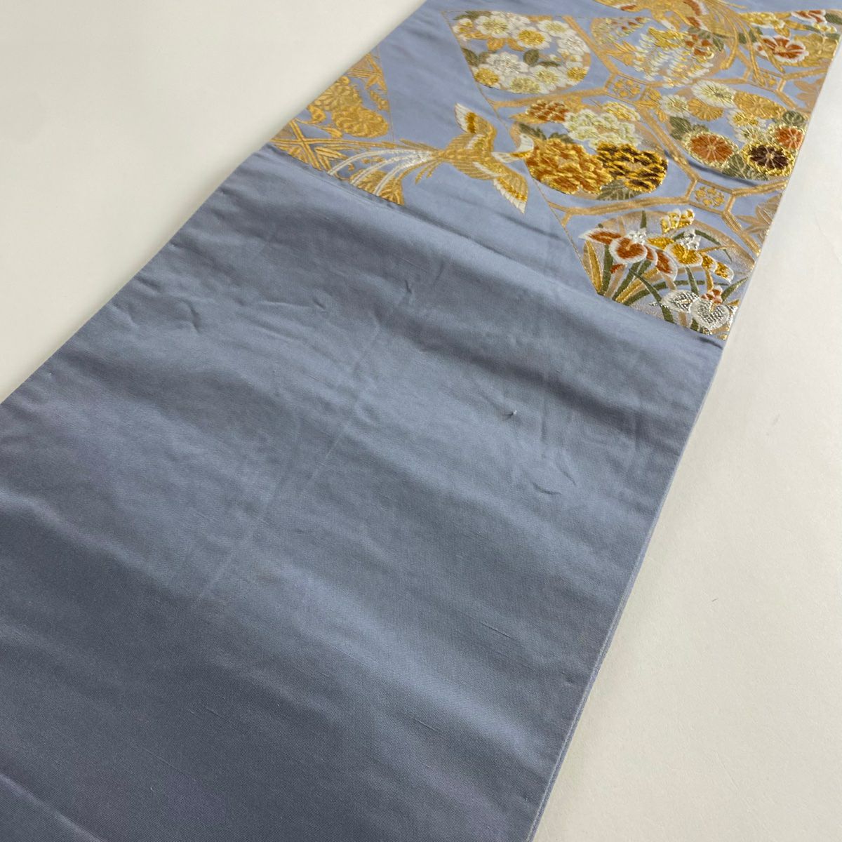 袋帶 秀品級 花丸紋 鳥 金銀絲 金金箔 灰 深藍 六通 純蠶絲