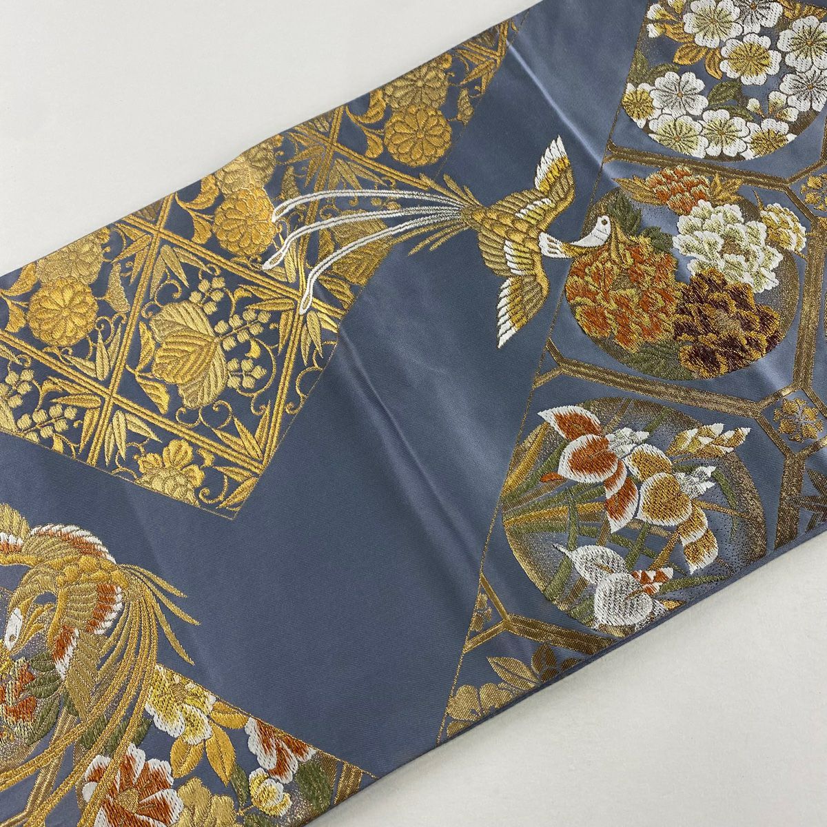 袋帶 秀品級 花丸紋 鳥 金銀絲 金金箔 灰 深藍 六通 純蠶絲