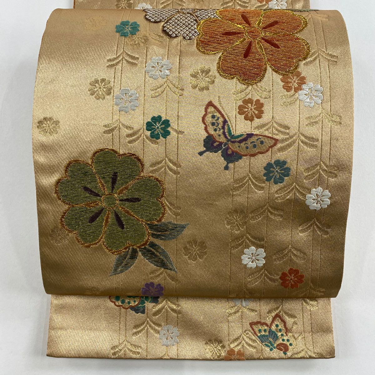 袋帶 秀品級 振袖禮服禮服用 櫻花 蝴蝶 金絲 唐織 金色 六通 純蠶絲