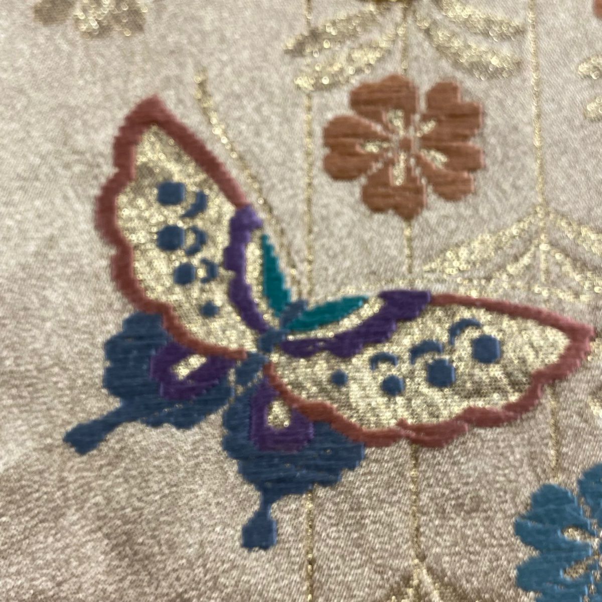 袋帶 秀品級 振袖禮服禮服用 櫻花 蝴蝶 金絲 唐織 金色 六通 純蠶絲