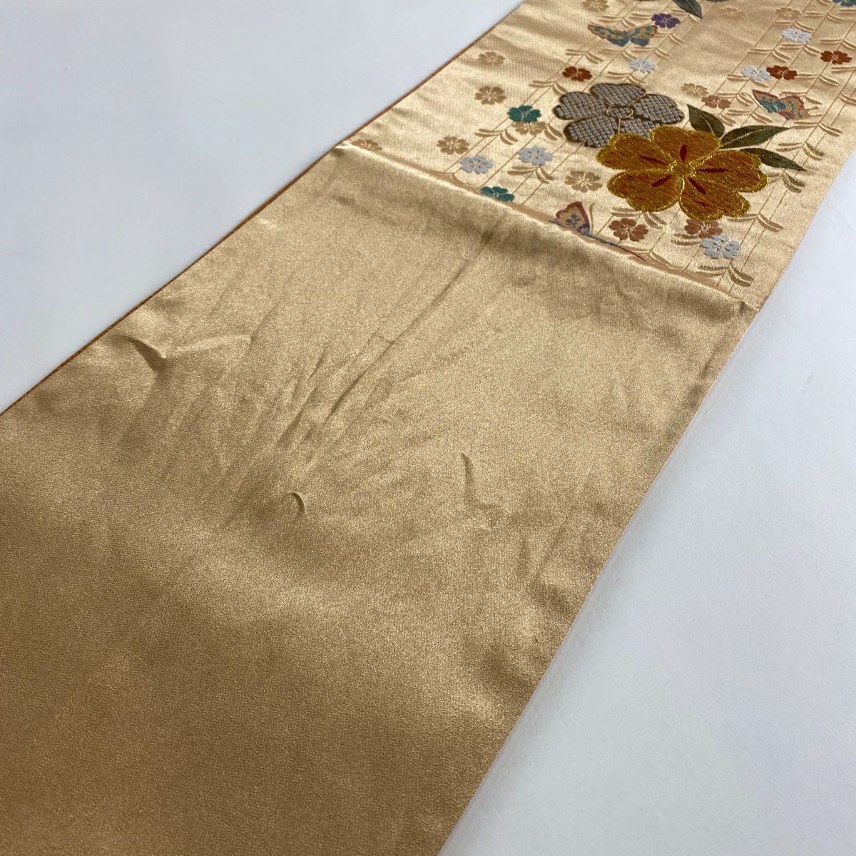 袋帶 秀品級 振袖禮服禮服用 櫻花 蝴蝶 金絲 唐織 金色 六通 純蠶絲