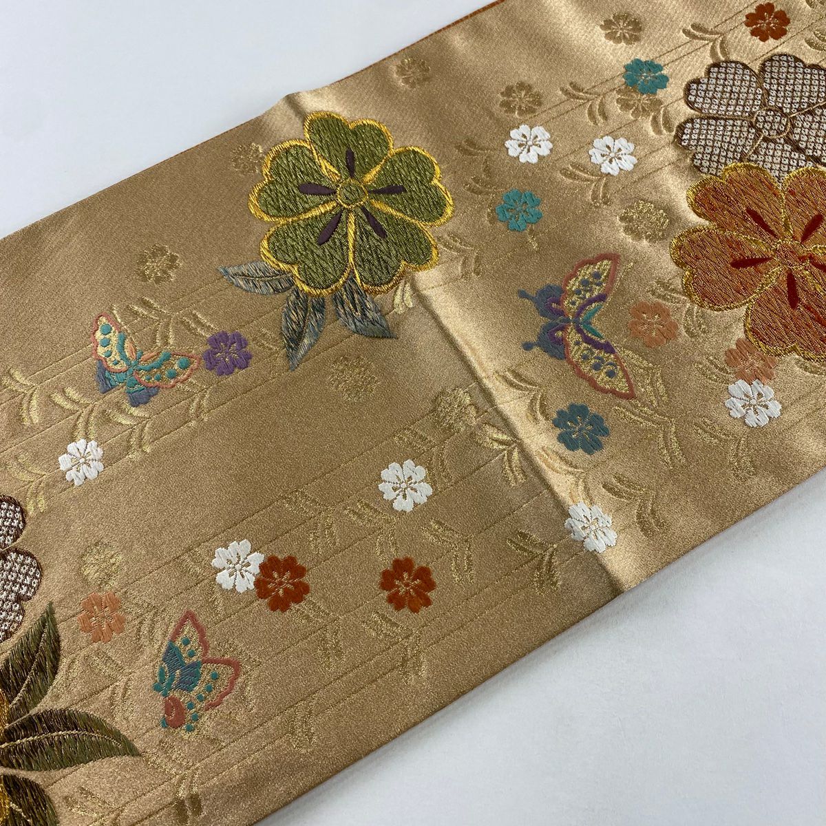 袋帶 秀品級 振袖禮服禮服用 櫻花 蝴蝶 金絲 唐織 金色 六通 純蠶絲