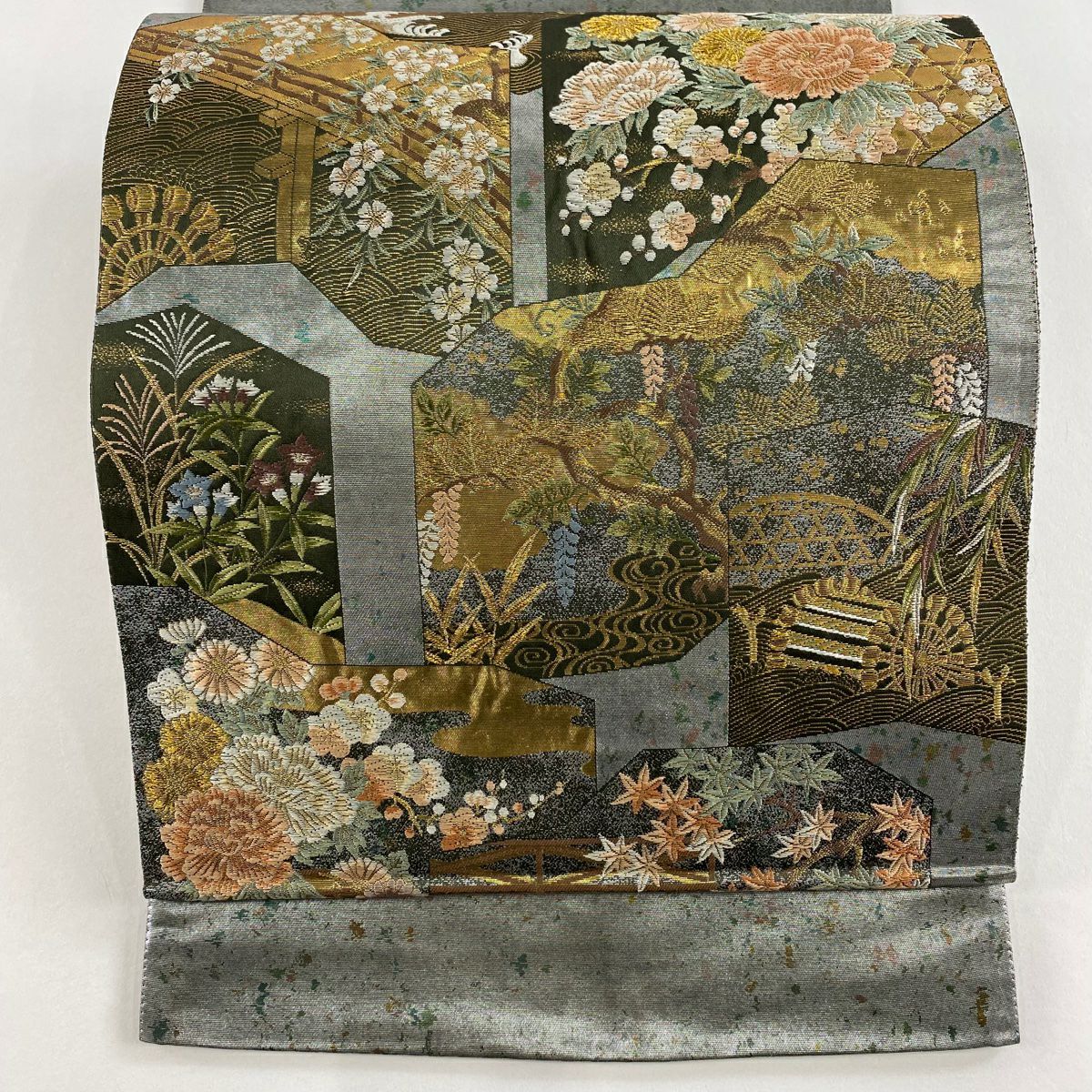 【美品】 袋帶 秀品級 草花紋紋 橋 金絲 金金箔 銀 純蠶絲