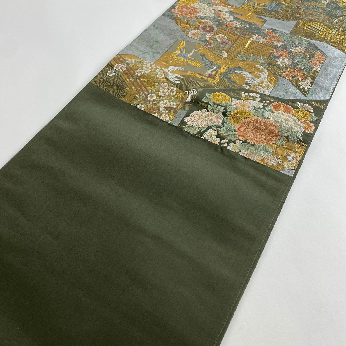 【美品】 袋帶 秀品級 草花紋紋 橋 金絲 金金箔 銀 純蠶絲