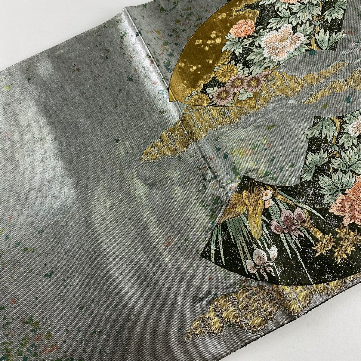【美品】 袋帶 秀品級 草花紋紋 橋 金絲 金金箔 銀 純蠶絲