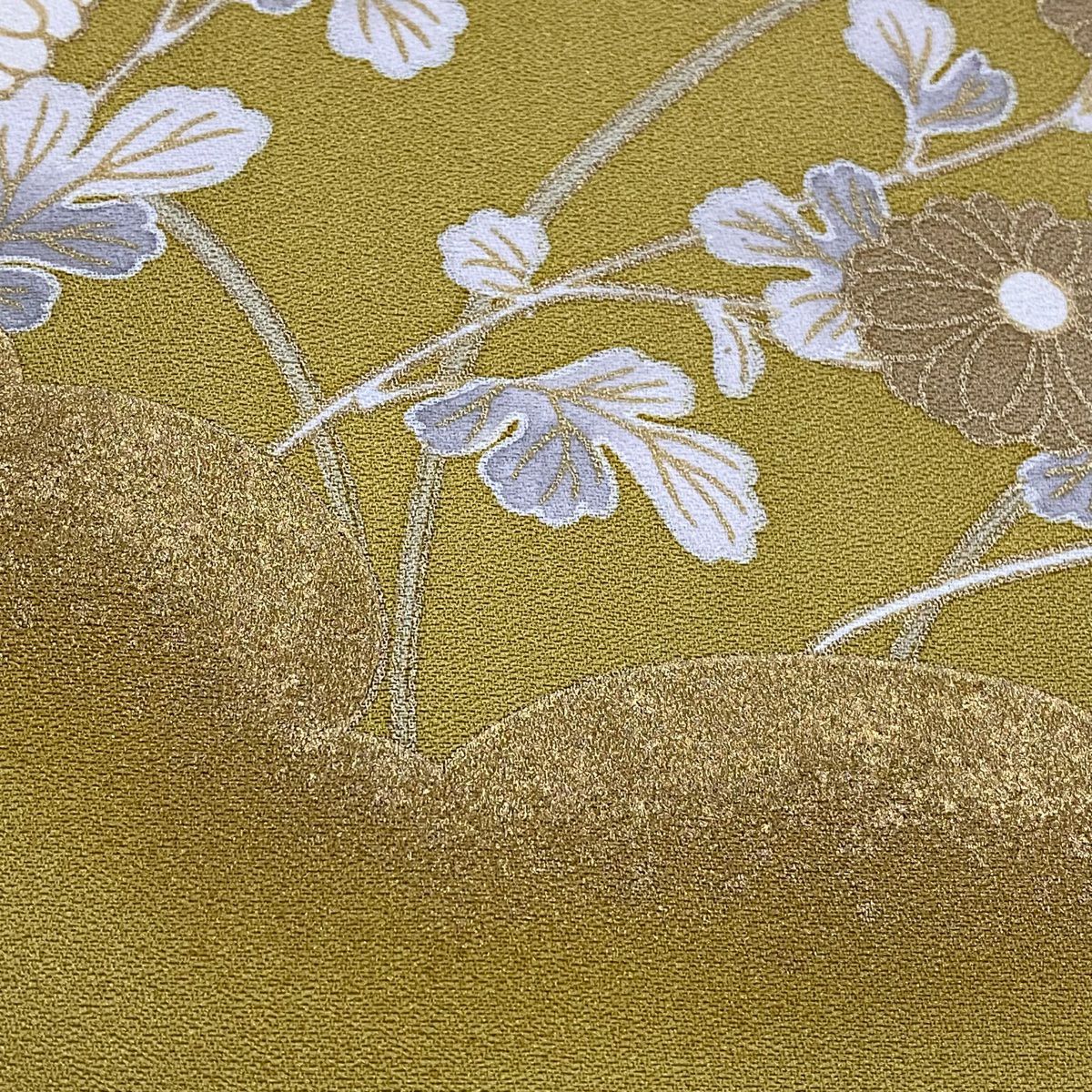 訪問服 身長159cm 袖長62.5cm S 雙層 菊花 柴垣 金絲 金銀彩 芥末色 純蠶絲 優品級