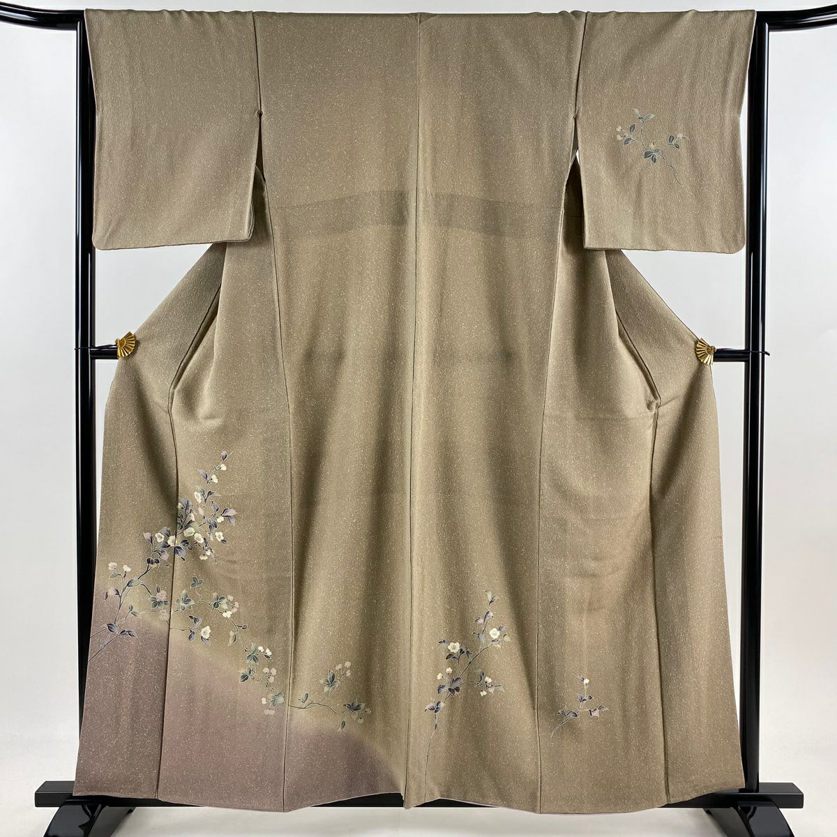 付下 身長159cm 袖長64cm M 雙層 枝花 染分 朦朧 灰茶 純蠶絲 優品級