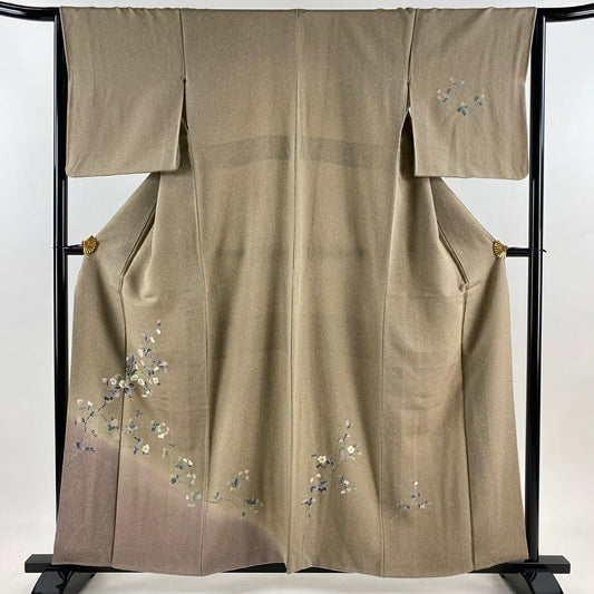 付下 身長159cm 袖長64cm M 雙層 枝花 染分 朦朧 灰茶 純蠶絲 優品級