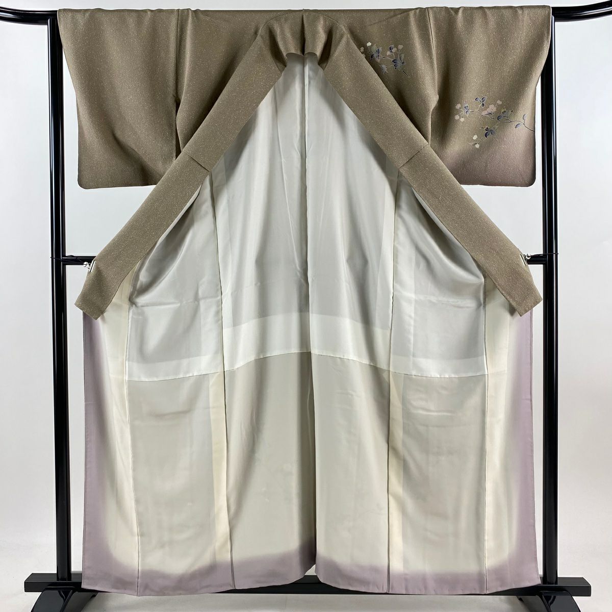 付下 身長159cm 袖長64cm M 雙層 枝花 染分 朦朧 灰茶 純蠶絲 優品級