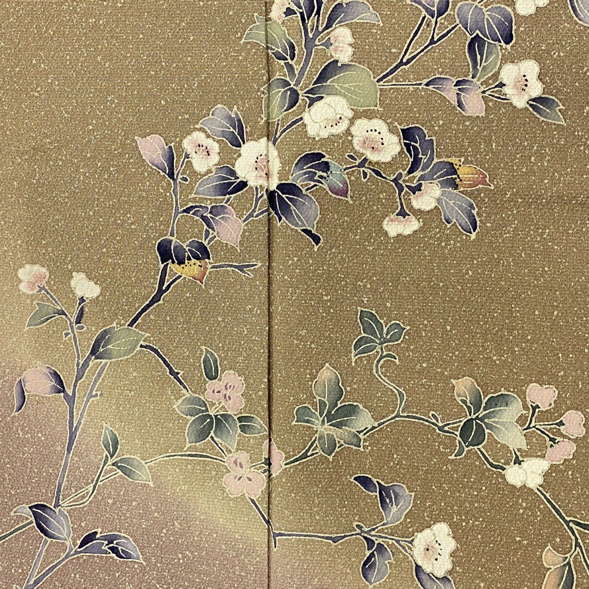 付下 身長159cm 袖長64cm M 雙層 枝花 染分 朦朧 灰茶 純蠶絲 優品級