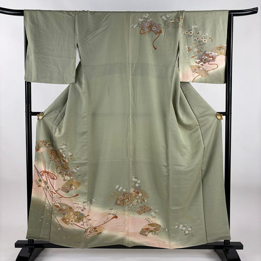 訪問服 身長157cm 袖長67.5cm L 雙層 扇子面 花鳥 金彩裝飾 漸變 灰綠 純蠶絲 優品級