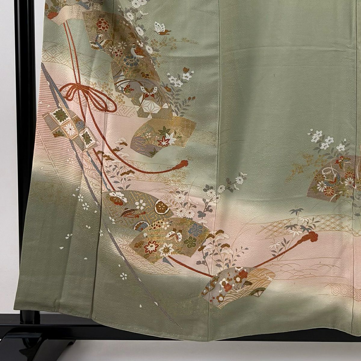 訪問服 身長157cm 袖長67.5cm L 雙層 扇子面 花鳥 金彩裝飾 漸變 灰綠 純蠶絲 優品級