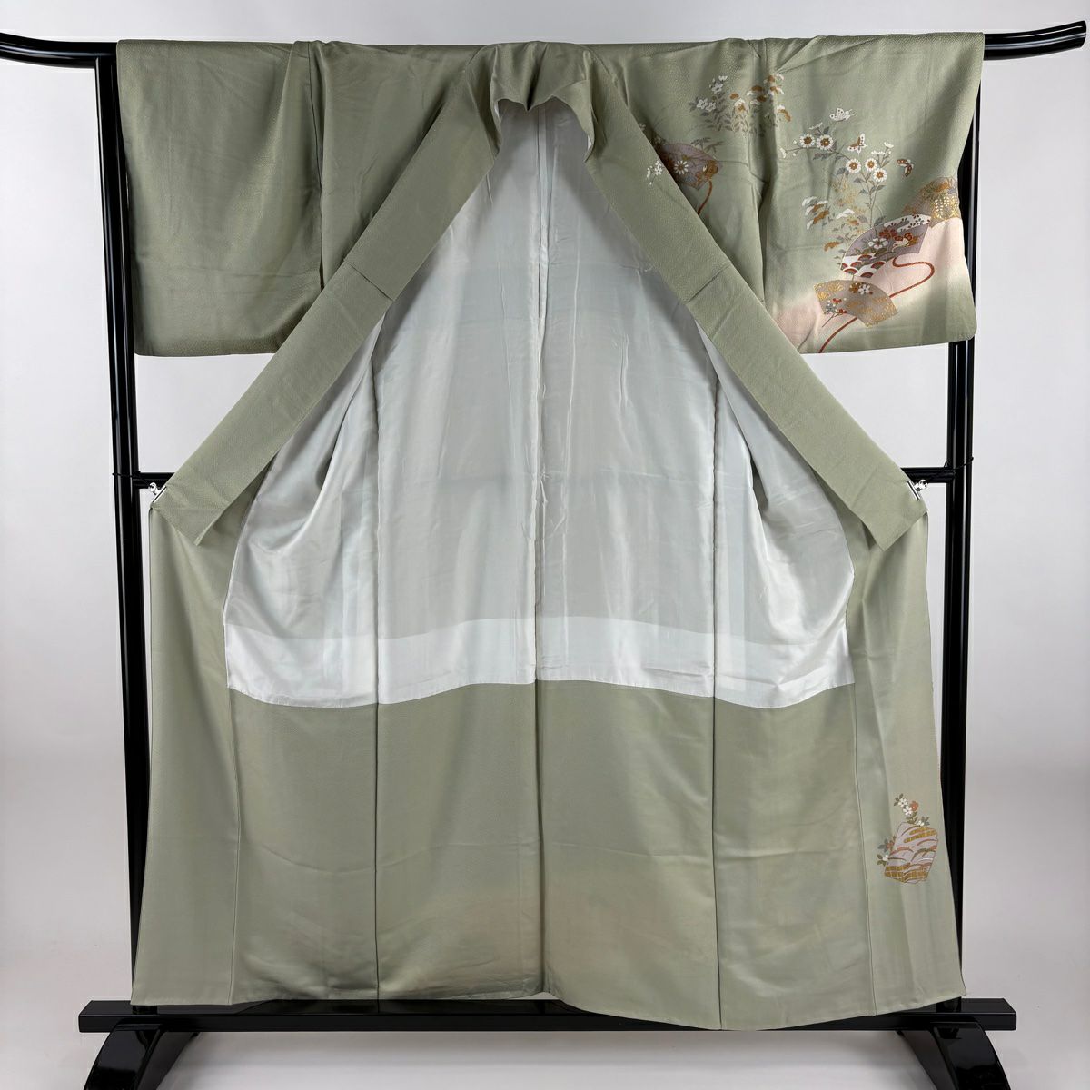 訪問服 身長157cm 袖長67.5cm L 雙層 扇子面 花鳥 金彩裝飾 漸變 灰綠 純蠶絲 優品級