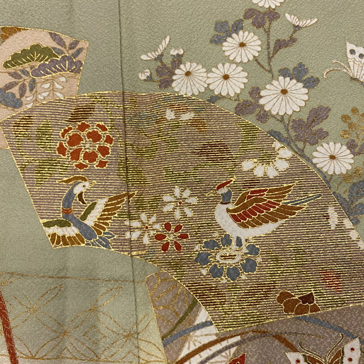 訪問服 身長157cm 袖長67.5cm L 雙層 扇子面 花鳥 金彩裝飾 漸變 灰綠 純蠶絲 優品級