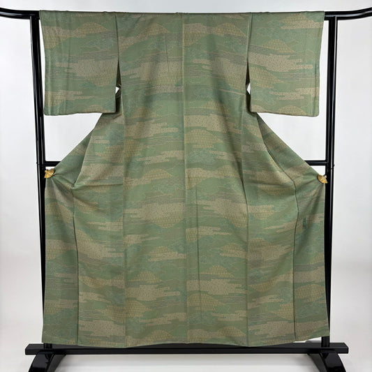 【美品】 小紋 身長156.5cm 袖長62cm S 雙層 落款あり 青海波 ヱ霞 よもぎ 綠 純蠶絲 秀品級