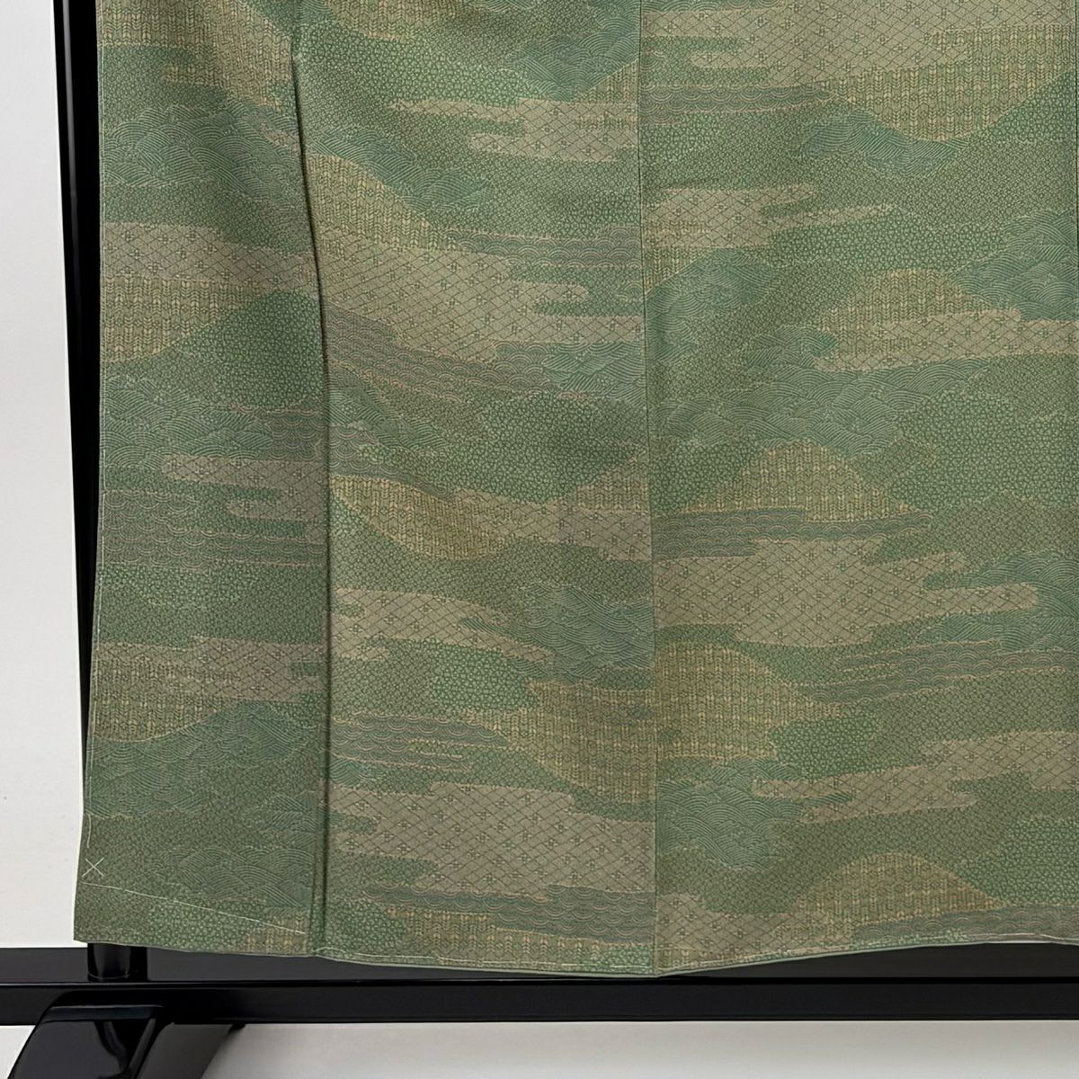 【美品】 小紋 身長156.5cm 袖長62cm S 雙層 落款あり 青海波 ヱ霞 よもぎ 綠 純蠶絲 秀品級