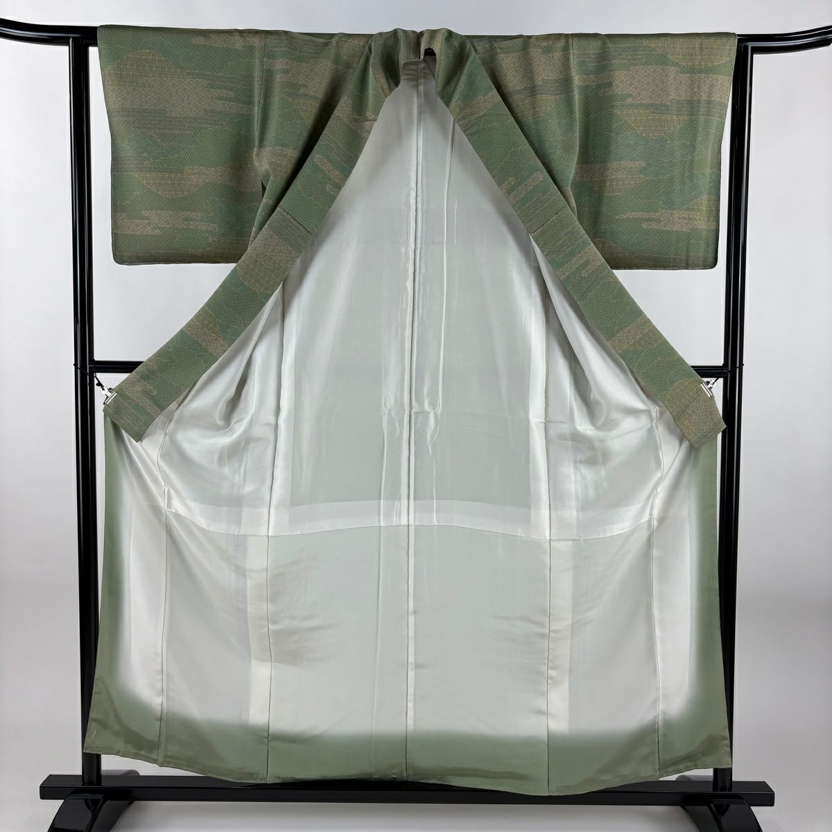 【美品】 小紋 身長156.5cm 袖長62cm S 雙層 落款あり 青海波 ヱ霞 よもぎ 綠 純蠶絲 秀品級