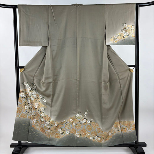 付下 身長157.5cm 袖長62.5cm S 雙層 垂枝櫻 草花紋紋 金銀彩 漸層 灰茶 純蠶絲 優品級