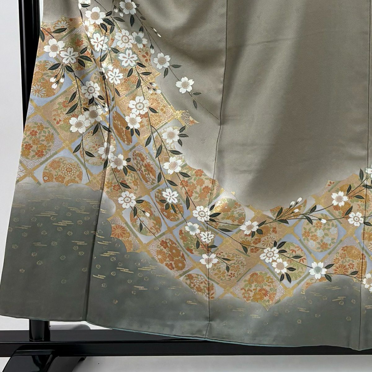 付下 身長157.5cm 袖長62.5cm S 雙層 垂枝櫻 草花紋紋 金銀彩 漸層 灰茶 純蠶絲 優品級