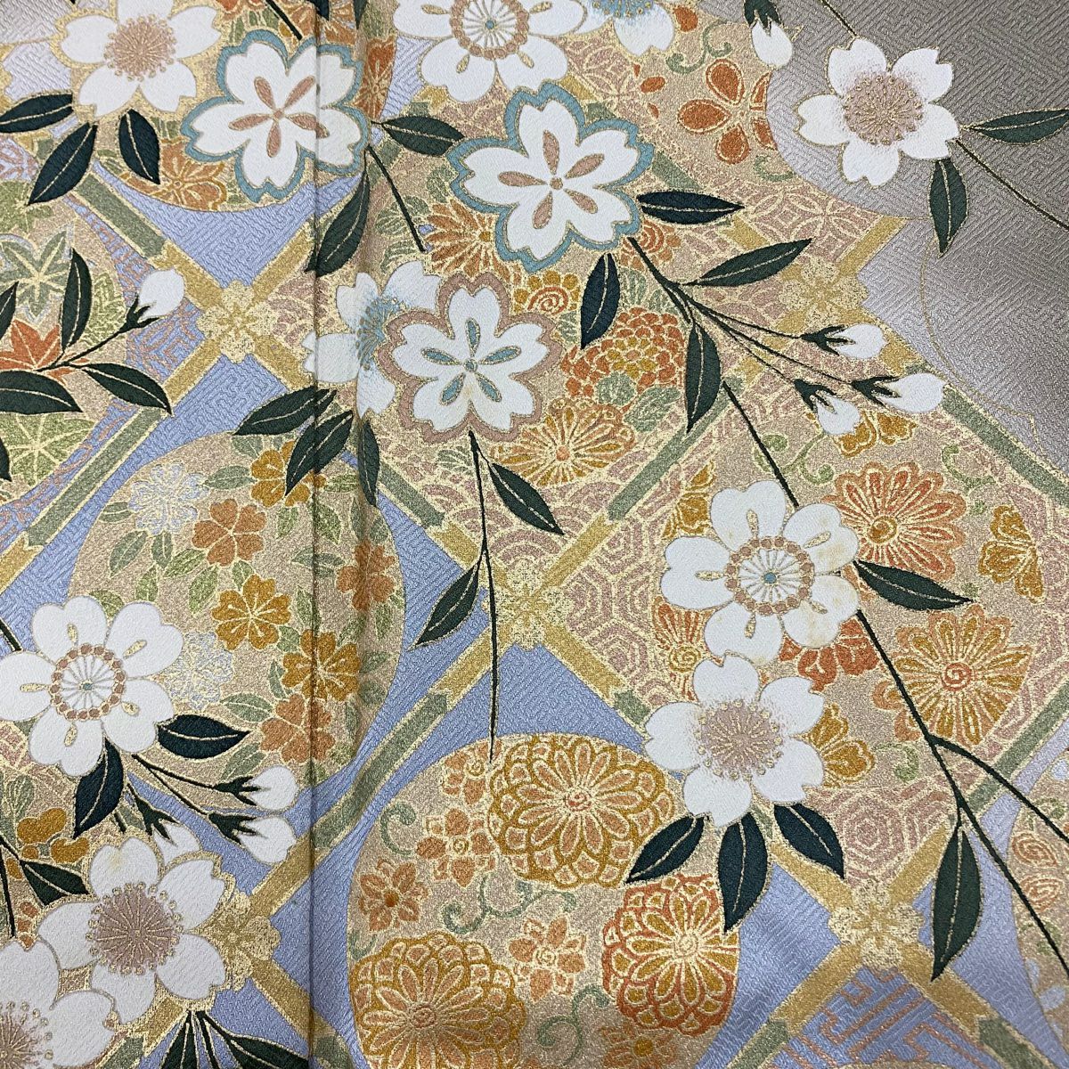 付下 身長157.5cm 袖長62.5cm S 雙層 垂枝櫻 草花紋紋 金銀彩 漸層 灰茶 純蠶絲 優品級
