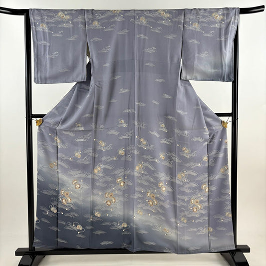 訪問服 身長159cm 袖長65.5cm M 雙層 鼓 波 染分 朦朧 青灰 純蠶絲 優品級