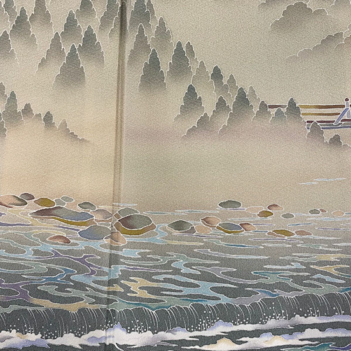 訪問服 身長158cm 袖長63.5cm S 雙層 落款有 風景 葉子 薄紫 純蠶絲 秀品級 一個紋