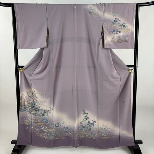 訪問服 身長164cm 袖長64cm M 雙層 落款 鳥 波 金銀彩 漸層 薄紫 純蠶絲 秀品級 一つ紋