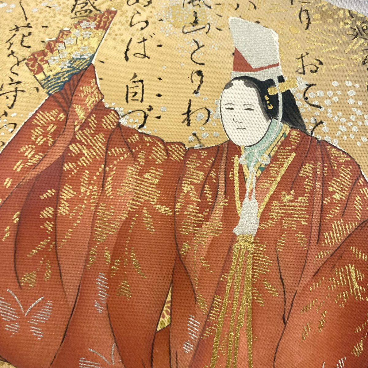【美品】 袋帶 名品級 樽本伊勢蔵 落款あり 京的名工 伝統工藝士 人物 灰 深藍色 お太鼓柄 純蠶絲