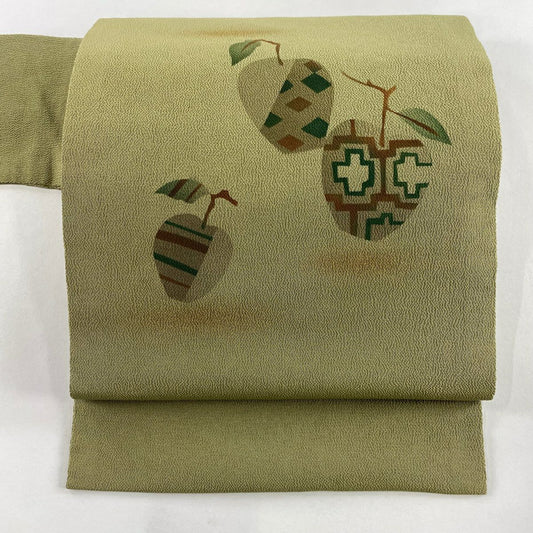 【美品】 名古屋帶 名品級 蘋果 絞染 金銀彩 抹茶 純蠶絲