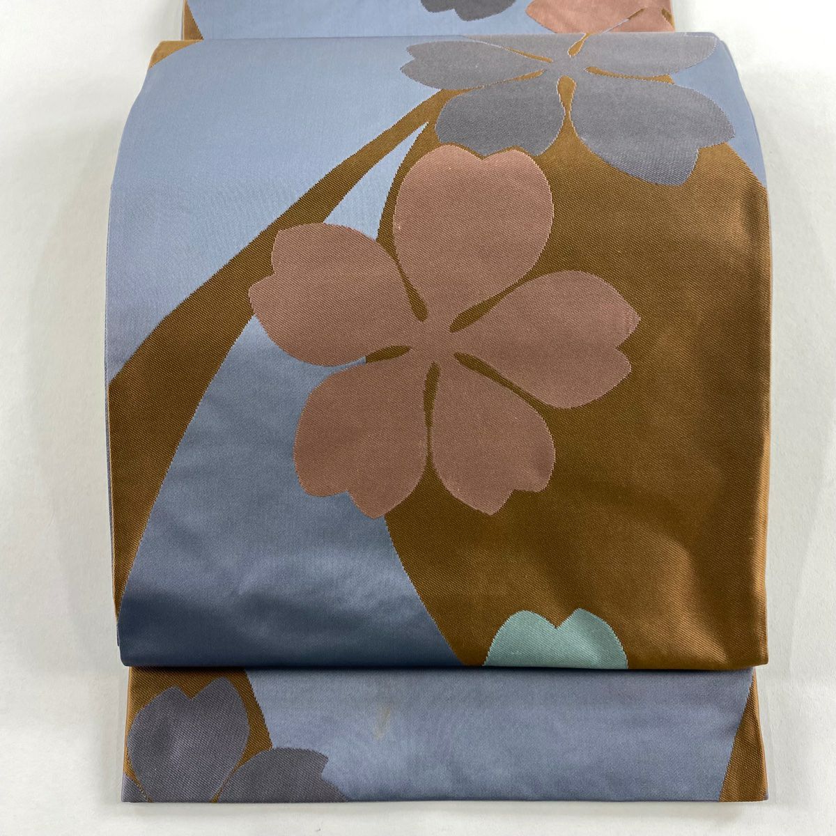 袋帶 名品級 辻村珠三郎 落款 花 灰色 六通 純蠶絲
