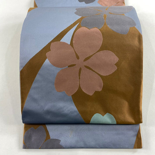 袋帶 名品級 辻村珠三郎 落款 花 灰色 六通 純蠶絲