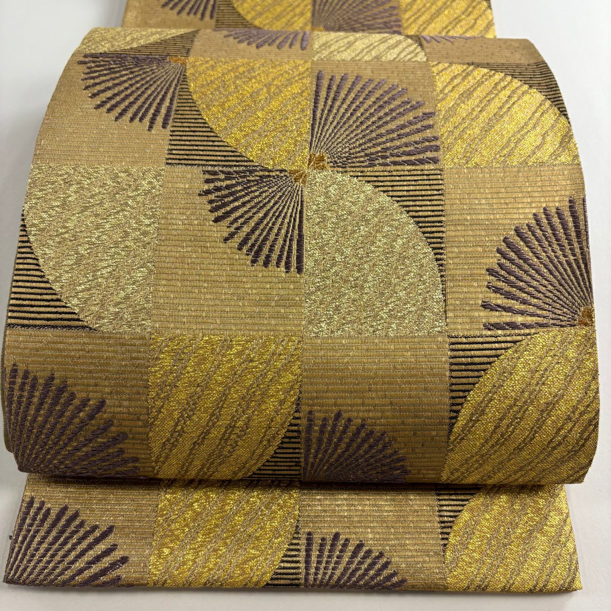 【美品】 袋帶 名品級 變化市松樹 松樹葉 金金箔 金絲 金茶 六通 純蠶絲