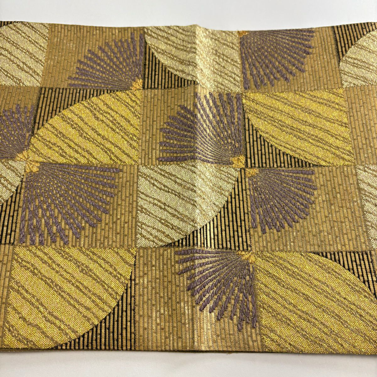 【美品】 袋帶 名品級 變化市松樹 松樹葉 金金箔 金絲 金茶 六通 純蠶絲