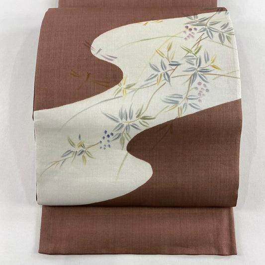 【美品】 袋帶 名品級 夏帶 夏紬織地 蜻蜓 葉與果實 小豆色 大鼓圖案 純蠶絲