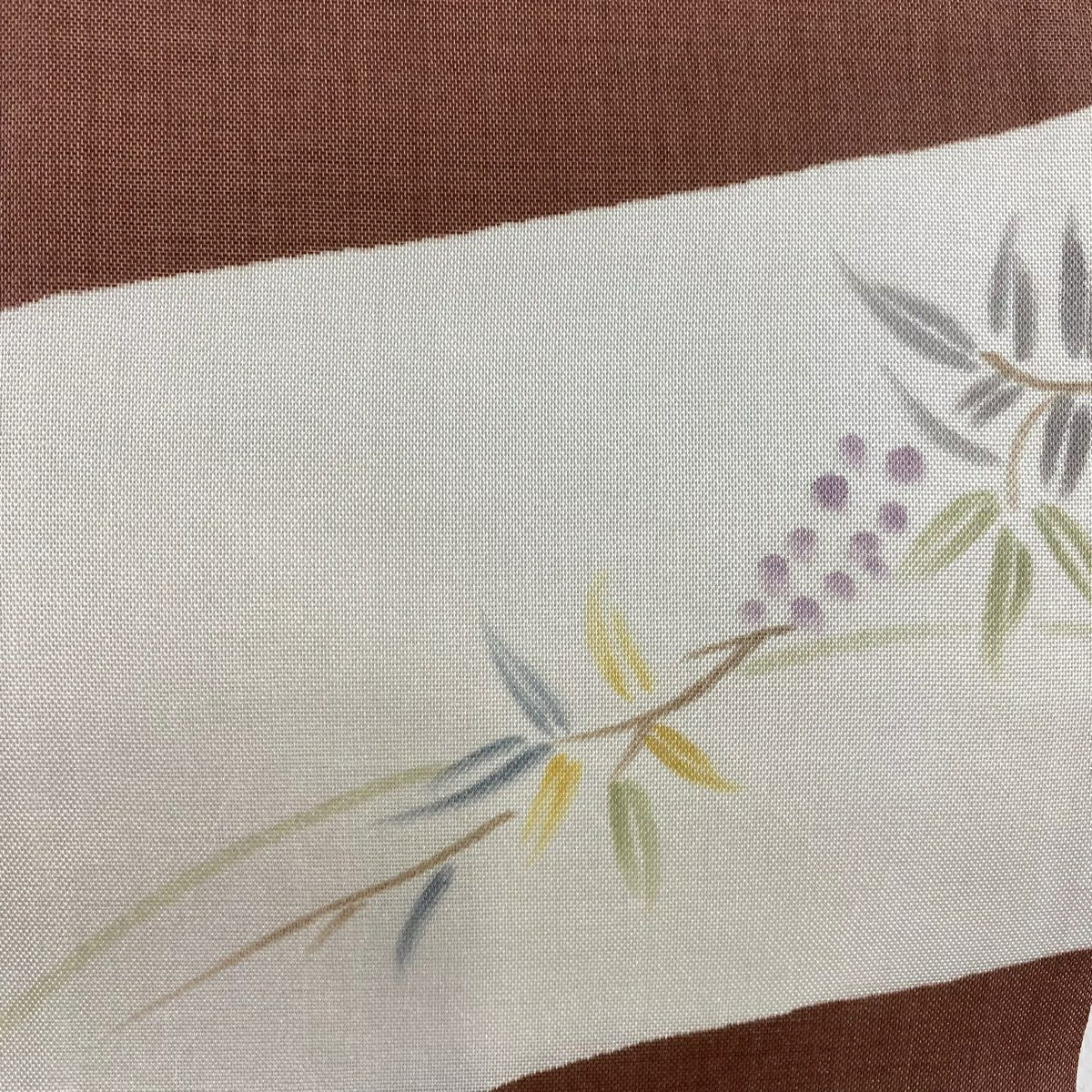 【美品】 袋帶 名品級 夏帶 夏紬織地 蜻蜓 葉與果實 小豆色 大鼓圖案 純蠶絲
