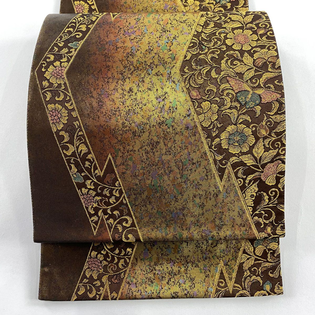 【美品】 袋帶 名品級 TOKI志すい 落款あり 花唐草紋 蝶 金糸 金金箔 茶 六通 純蠶絲