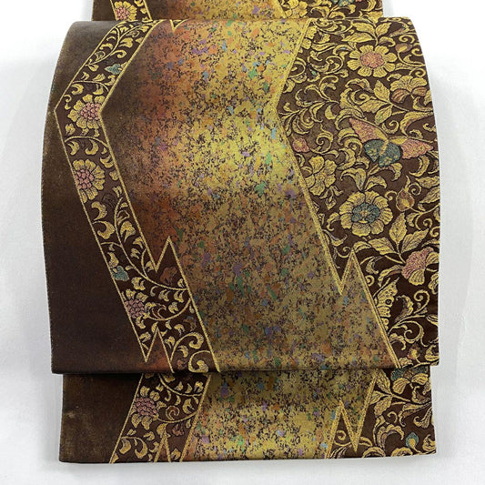 【美品】 袋帶 名品級 TOKI志すい 落款あり 花唐草紋 蝶 金糸 金金箔 茶 六通 純蠶絲