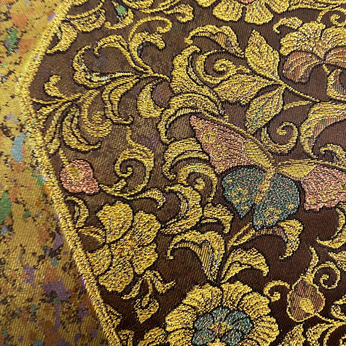 【美品】 袋帶 名品級 TOKI志すい 落款あり 花唐草紋 蝶 金糸 金金箔 茶 六通 純蠶絲