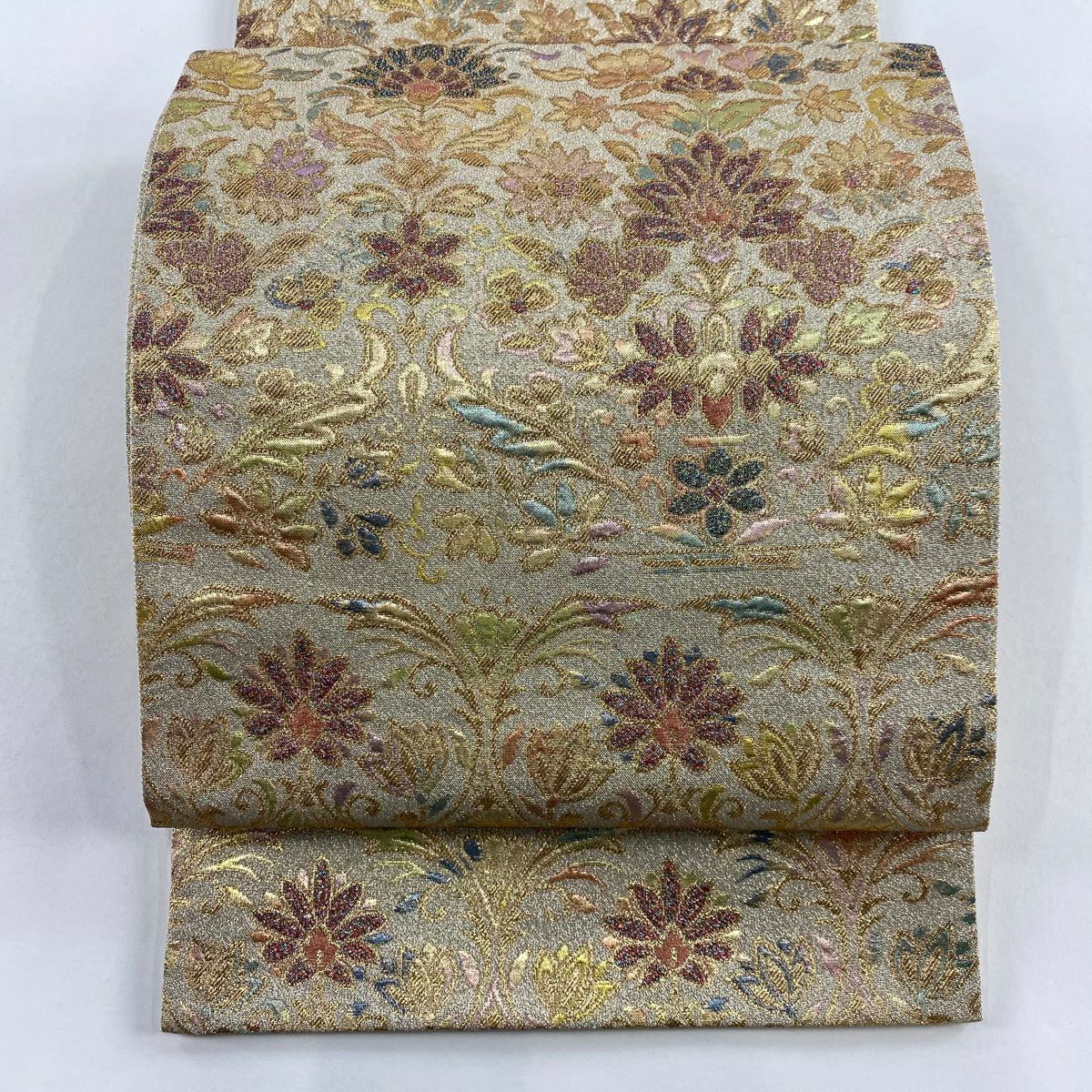 【美品】 袋帶 名品級 花唐草紋 金絲 金金箔 金 六通 純蠶絲