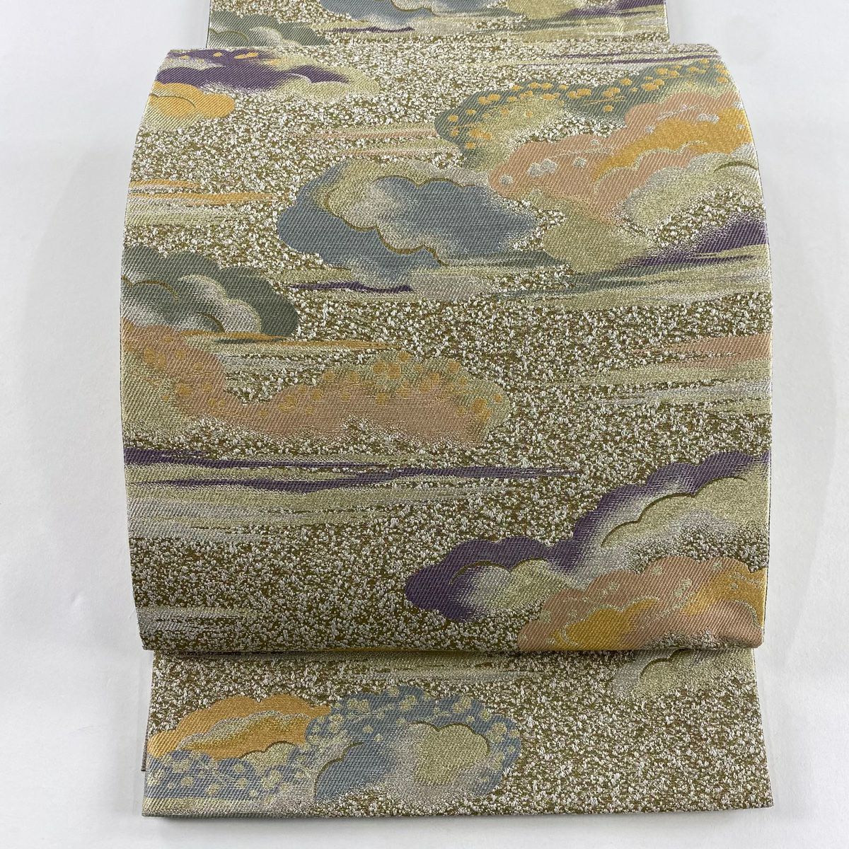 【美品】 袋帶 名品級 鶯 深藍 六通 純蠶絲